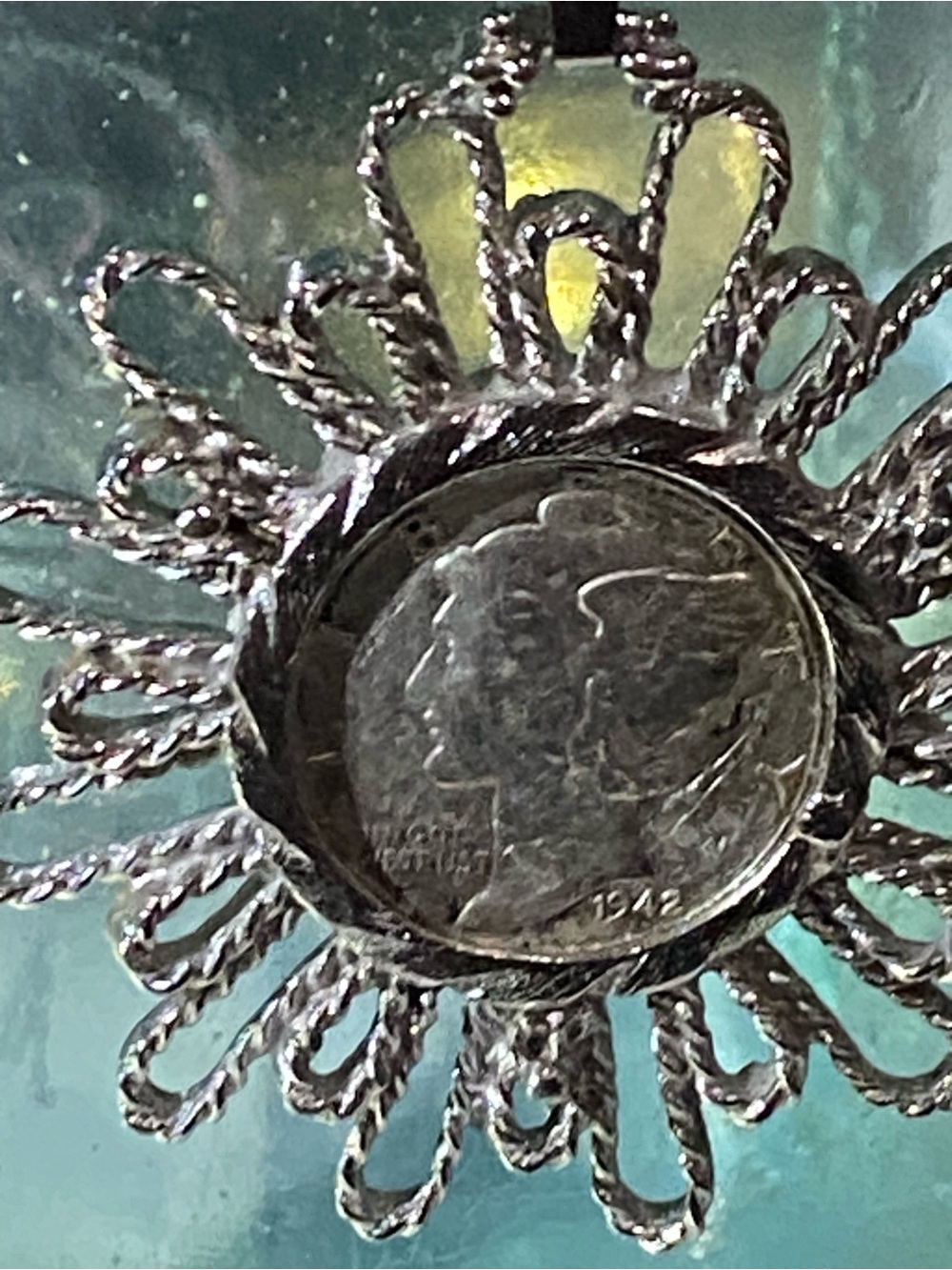 1942 Mercury Silver Dime In Starburst Pendant With Chain